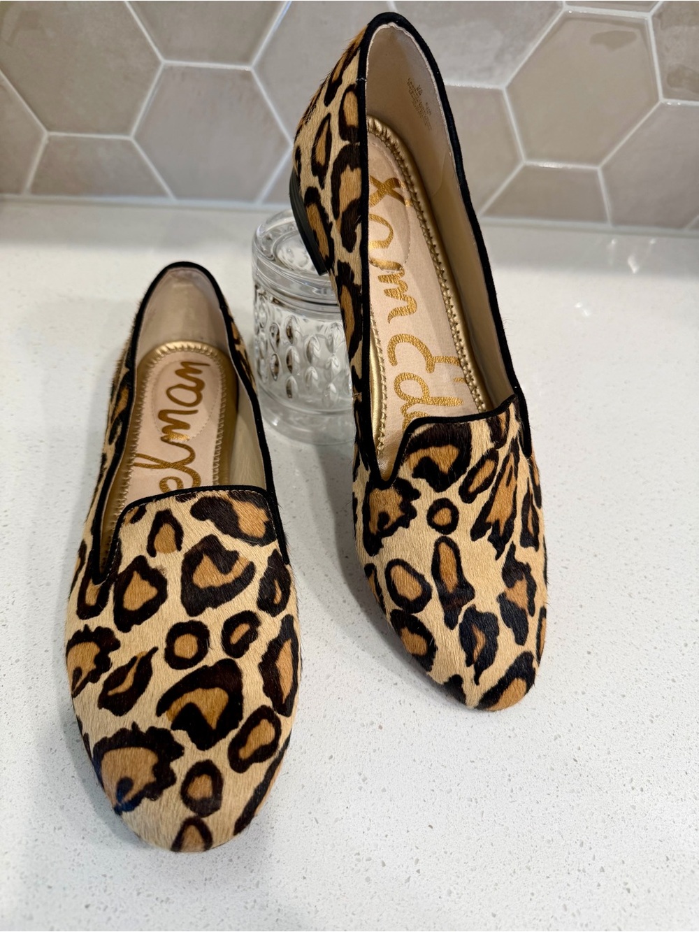 Sam Edelman Leopard-Print Calf Hair Slip-On Flats in Tan and Black